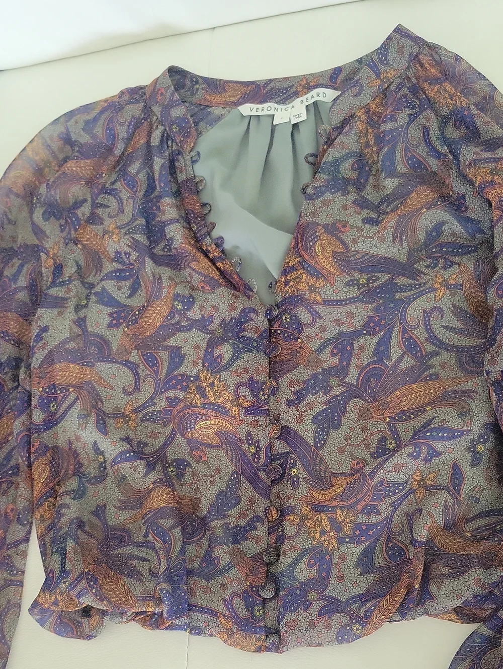 Women's Veronica Beard Sheer Paisley Button-Front Women's Top in Purple and Gold